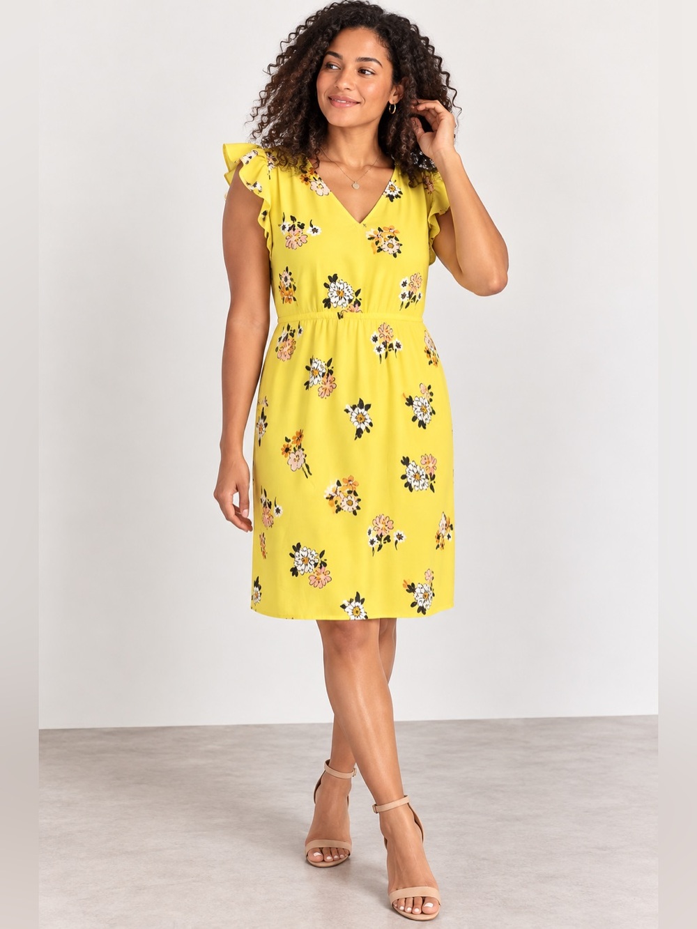 LOFT Outlet XL Yellow Floral V-Neck Flutter Sleeve Tie Back Dress